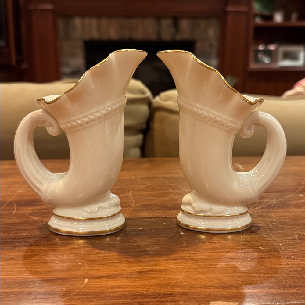 Vintage Lenox Horn Of Plenty Vase Gold Trim Lot of 2 Traditional Classic Deco EC